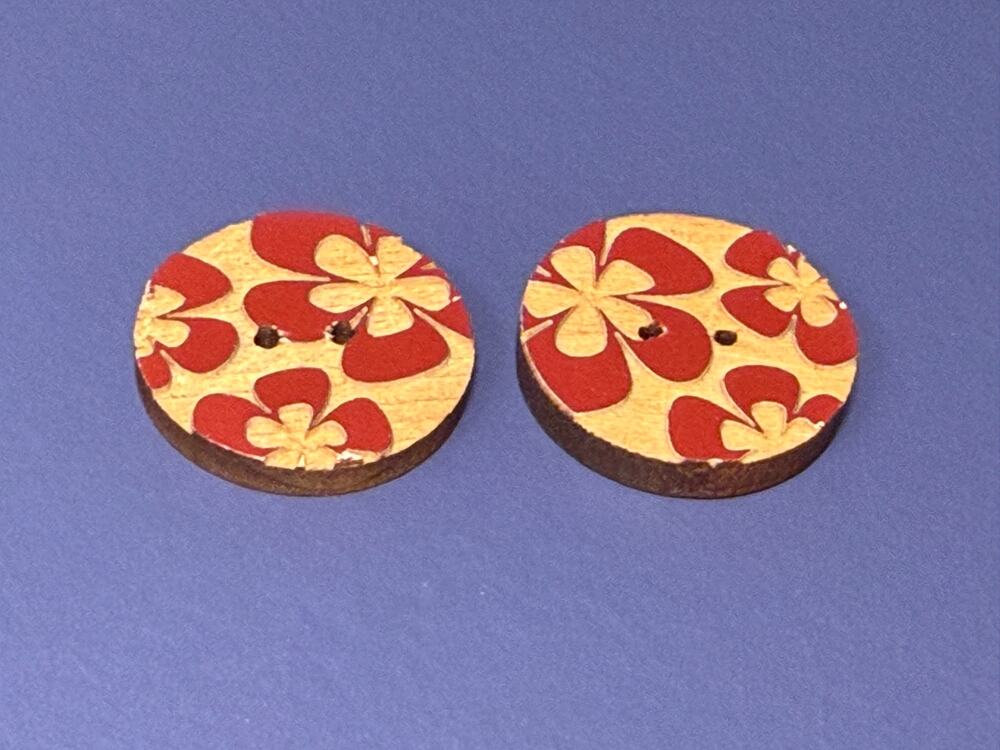 2 Raised Floral Wood Buttons 1" 25mm Red Orange Retro Flowers Sewing